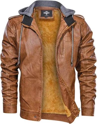 Vista 3 de HOOD CREW Chaqueta de motocicleta para hombre, con cuello alto, de piel sintética cálida, con cremallera y capucha extraíble, café, café.