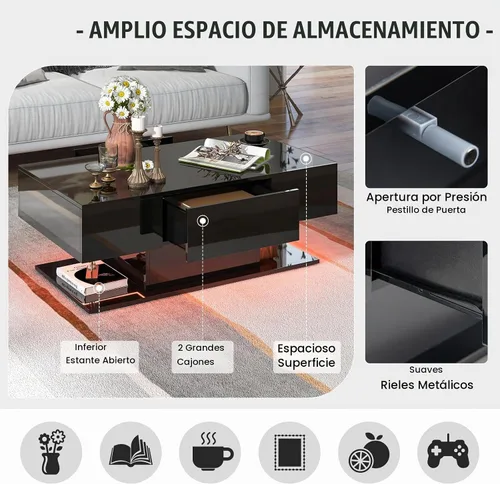 Vista 7 de Tangkula Mesa de centro LED con 2 cajones, mesa central moderna de alto brillo, luces LED regulables de 20 colores y control remoto, mesa auxiliar