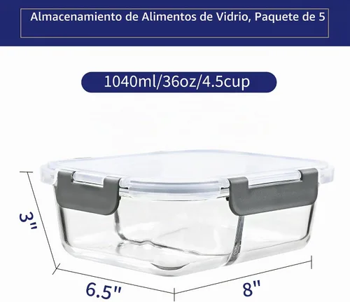 Vista 2 de MFY Paquete de 5 recipientes de almacenamiento de vidrio de 36 onzas con tapas, juego de 2 compartimentos para preparación de comidas, recipientes