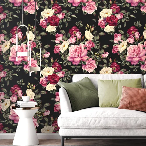 Vista 2 de Wallercity Papel Tapiz Floral Vintage Despegar y Pegar Papel Tapiz de Rosa Peonía Gabinetes Mesa Superior Papeles Tapiz Impermeable Removible