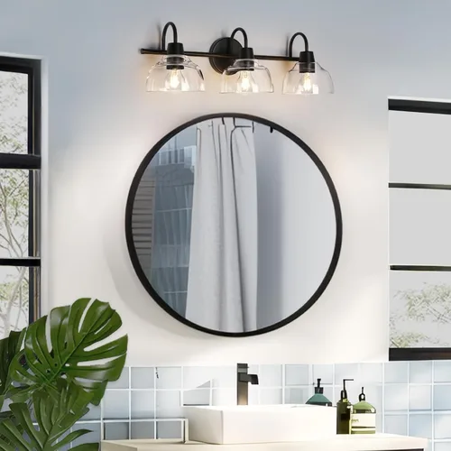 Vista 5 de KSANA Lámpara de baño negra, lámpara de tocador de 3 luces con pantalla de cristal transparente de gran apertura, moderna lámpara de pared de granja