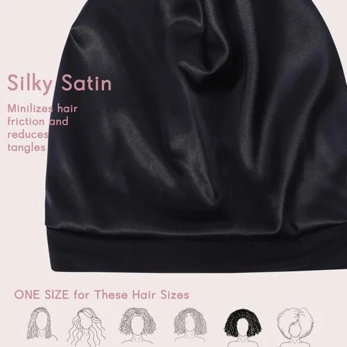 Vista 4 de Hat Hut Gorro de satén de seda para el cabello, gorro de dormir para cabello rizado, gorro ajustable con forro de seda con orejas
