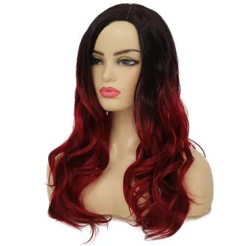 Vista 3 de Kaneles Peluca rizada de color rojo degradado, pelucas de cabello largo ondulado para mujer, pelucas de fibra sintética negra y roja para fiesta