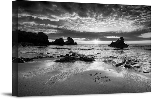 Vista 19 de Corazón y corazón en hermoso amanecer fotos personalizadas únicas o impresiones en lienzo con nombres de pareja y fecha especial en la playa, regalo