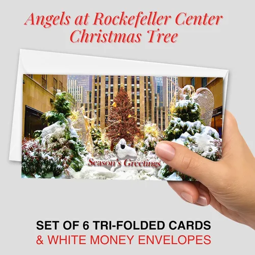 Vista 2 de Angels At Rockefeller Center NYC - Juego de 6 tarjeteros de Navidad con sobres blancos - Season's Greetings Holiday Tri-Fold Cash, cheques