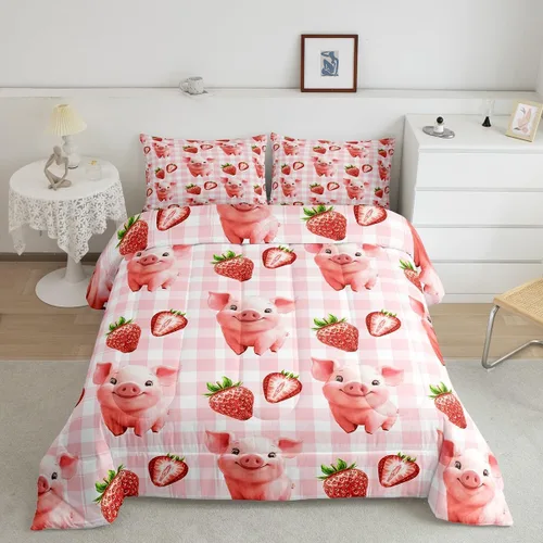 Vista 2 de Manfei Juego de edredón para niños de fresa roja, tamaño individual, juego de ropa de cama de cerdo acuarela de 2 piezas para niños, niñas