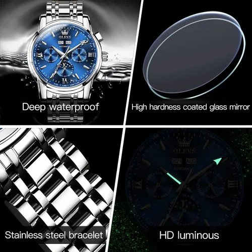 Vista 6 de OLEVS Automatic Mechanical Watches for Men Self Winding no Battery Stainless Steel Strap Luxury Moon Phase Luminous Waterproof Wrist Watch