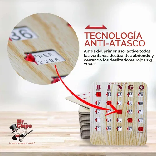 Vista 3 de MR CHIPS Tarjetas de bingo a prueba de atascos con ventanas deslizantes, paquete de 10 unidades más baraja de tarjetas de llamadas