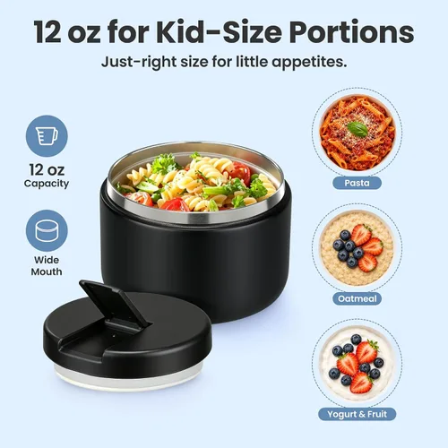 Vista 3 de Pawtong Tarro de comida aislado al vacío de 12 onzas con tapa de hebilla, termo de sopa de boca ancha para comida caliente para niños, contenedor
