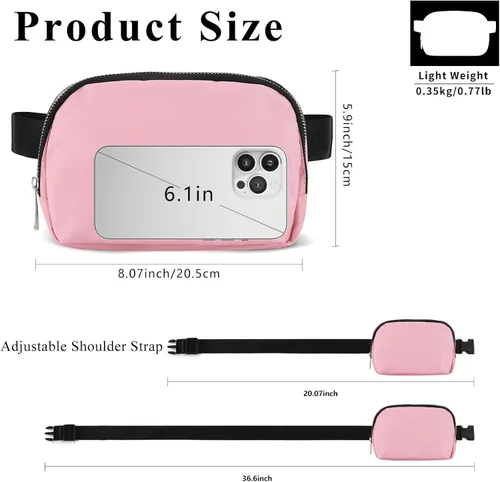 Vista 3 de SINNO Riñoneras para mujeres y hombres, riñoneras de moda con correa ajustable, Rosa (4 bolsillos con cremallera)
