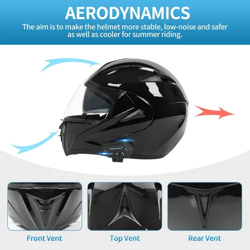 Vista 4 de Casco modular Bluetooth para motocicleta, aprobado por DOT, doble visera completa, abatible, Bluetooth, casco de motocicleta integrado para adultos