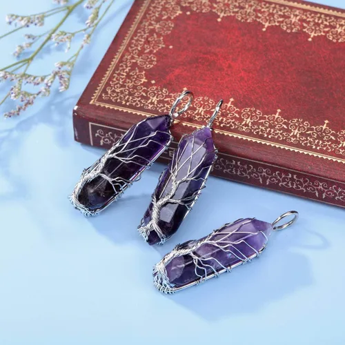 Vista 3 de PESOENTH Árbol de la vida Reiki - Collar con colgante de cuarzo transparente con piedra de energía de cristal curativo de reiki, envuelto en alambre