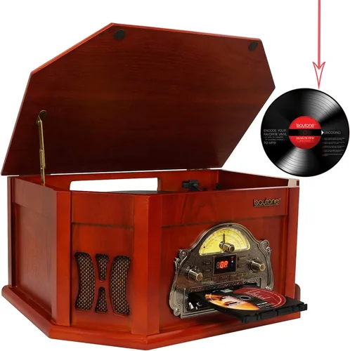 Vista 2 de Boytone BT-25CH 8-en-1 Sistema de tocadiscos clásico de madera natural estéreo con conexión Bluetooth, reproductor de discos de vinilo, AM/FM, CD