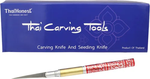Vista 3 de Cuchillo tailandés para tallar frutas, hoja de doble cara de 2 pulgadas (curva y recta) con mango decorativo rojo tailandés, herramienta