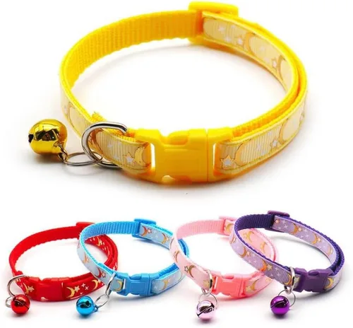 Vista 2 de Collar reflectante para gato, 5 collares de gato separables con lunas de campana, estrellas, lindo gatito, ajustable, de 7.5 a 12.5 pulgadas