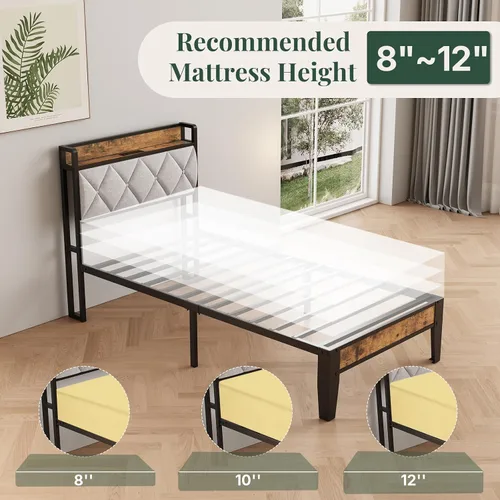 Vista 5 de Sweetcrispy Base de cama individual con cabecera tapizada, cabecera de almacenamiento con estación de carga USB, soporte de listones de metal