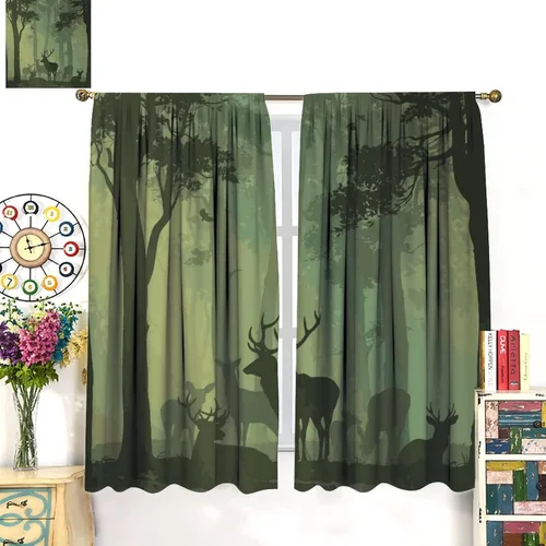 Vista 8 de Cortinas opacas con diseño de ciervos, bosque brumoso, rústico, vida silvestre, alce, montaña, pájaros, pino, bosque, cortinas de ventana