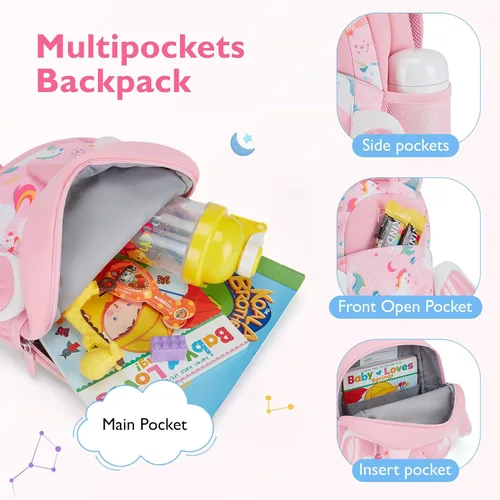 Vista 3 de mommore Mochila infantil de dibujos animados para niños y niñas de 2 a 4 años, Unicornio, Pequeño, Mochila de neopreno para niños pequeños