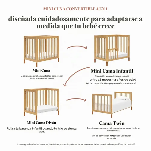 Vista 8 de Babyletto Gelato - Mini cuna 4 en 1, miel con pies de cuero vegano 2-Miel con Pies de Cuero Bronceado Veg