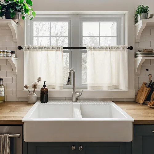 Vista 2 de Cortinas de cocina de lino semitransparente beige de 24 pulgadas de largo, 2 paneles Cream, Cafe Short Curtains, for Bathroom Small Windows, Light