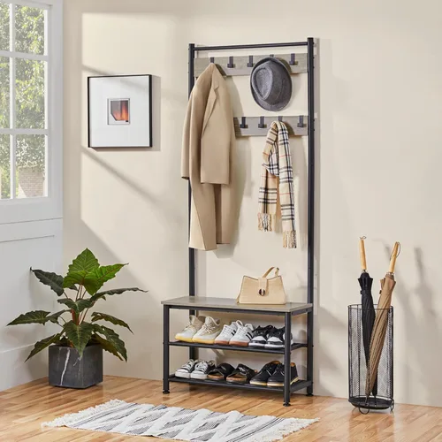 Vista 2 de Yaheetech Perchero, árbol de pasillo con banco de zapatos, almacenamiento de zapatos de entrada con perchero, 9 ganchos móviles, muebles de entrada