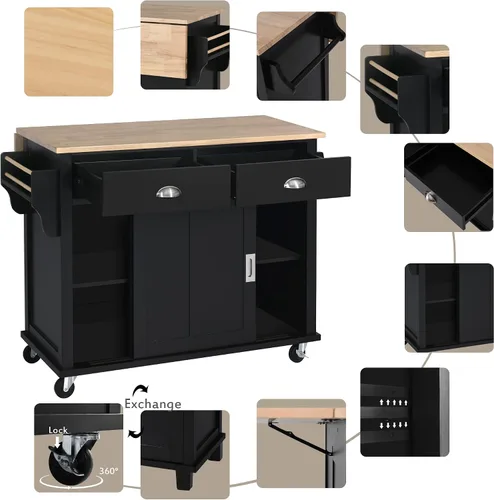 Vista 5 de Olela Carrito de isla de cocina con hojas colgantes de madera, mesa de cocina rodante con armario de almacenamiento y toallero, estante ajustable