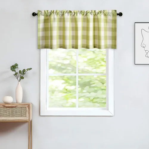 Vista 38 de VOGOL Cenefa de cuadros marrón con textura de lino para dormitorio, sala de estar, diseño de bolsillo para barra, fácil de colgar, 52 x 12 pulgadas