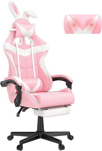 Vista 13 de Soontrans Silla de juegos azul claro con reposapiés, bonita silla de videojuegos de conejo, silla de escritorio Kawaii para nieta, hermana, novia