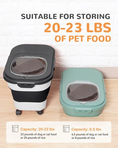 Vista 3 de Contenedor de almacenamiento de alimentos para perros de 20 a 23 libras, contenedor plegable para alimentos para perros con ruedas y cuchara