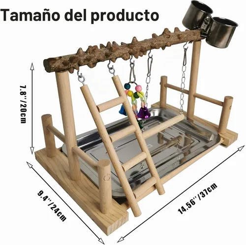 Vista 3 de Hamiledyi Parque de Loros Juguetes de Pájaros Soporte de Madera Ejercicio Perca Gimnasio con Tazas Alimentadoras Juguetes para Cacatúas con Escalera