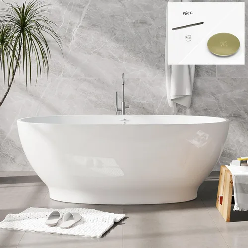 Vista 15 de FerdY Tahití - Bañera de acrílico independiente de 55 pulgadas, elegante bañera de remojo de forma ovalada, blanco brillante, drenaje dorado