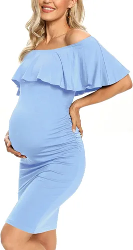Vista 2 de AONESX Vestido de maternidad ajustado con volantes y hombros descubiertos, vestido de embarazo formal para baby showerfotografía