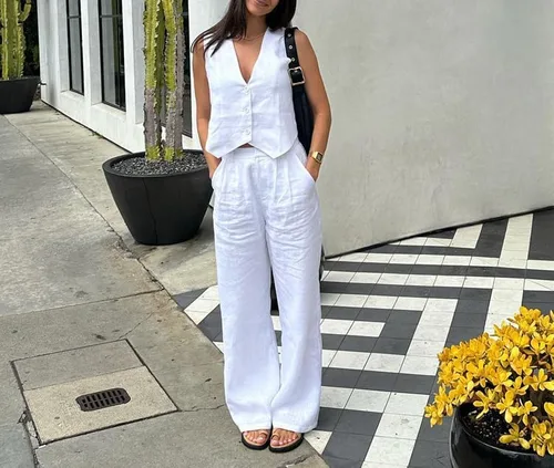 Vista 2 de Sumleno Conjunto de 2 piezas de algodón y lino para mujer, cuello en V profundo, chaleco Y2K, pantalones de pierna ancha, ropa estética de dinero