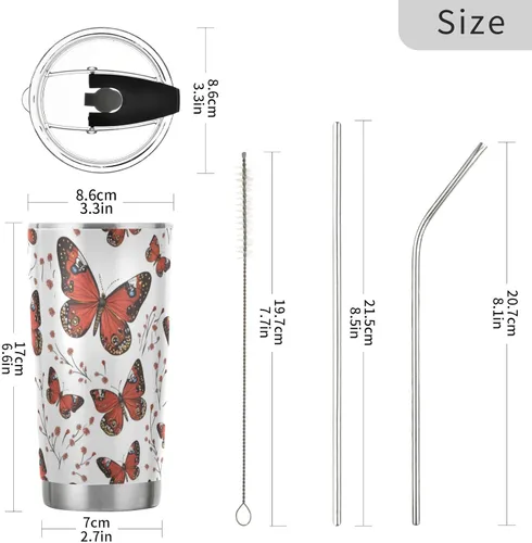 Vista 3 de Taza de café de acero inoxidable con diseño de mariposa roja, tapa a prueba de fugas y pajita para agua, té helado o café, vaso aislado al vacío