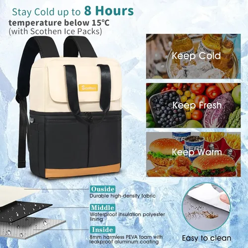 Vista 4 de Scothen Mochila Enfriadora con Doble Cubierta y 12 Paquetes de Hielo - Mantiene 36 Latas Frías por Hasta 24 Horas - Mochila Enfriadora Aislada