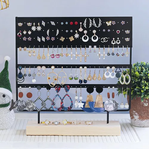 Vista 5 de Organizador de joyas para aretes, 3 niveles, 144 agujeros, organizador de aretes con bandeja de madera para aretes, collares y anillos
