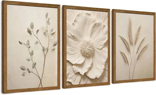Vista 14 de JLTULT 3 piezas de arte de pared con flores en lienzo con marco, arte de pared de flores en tonos neutros y beige, arte de pared de flores