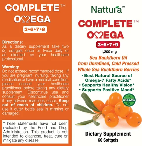 Vista 3 de Nattura Omega 3-6-7-9 completo aceite de espino cerval de mar puro, calidad europea, de bayas silvestres de espino cerval de mar entero prensadas