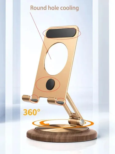 Vista 2 de Soporte ajustable de aluminio para teléfono celular, soporte plegable para teléfono de escritorio totalmente ajustable con base de madera