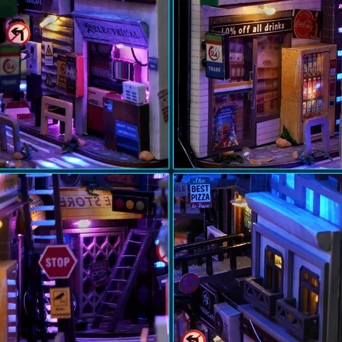 Vista 5 de Decoración de estantería de estantería de casa de muñecas DIY, kit de rincón de libros, rompecabezas de madera 3D con iluminación LED, estante