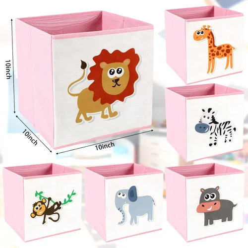 Vista 2 de Berlune Caja de almacenamiento plegable de 6 piezas de cubo de animales de 10 x 10 pulgadas, cestas de cubo de tela no tejida y cartón para niños
