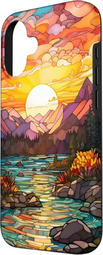 Vista 2 de iPhone 16 Sunset Stained Glass Mosaic Landscape Scene Case