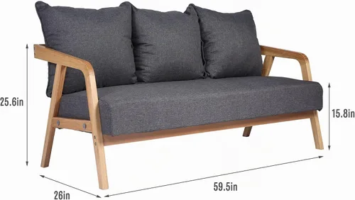 Vista 2 de LUCKYERMORE Sofá moderno de 60 pulgadas, sofá de 3 plazas para espacios pequeños, tapizado con 3 cómodas almohadas, reposabrazos de madera, marco