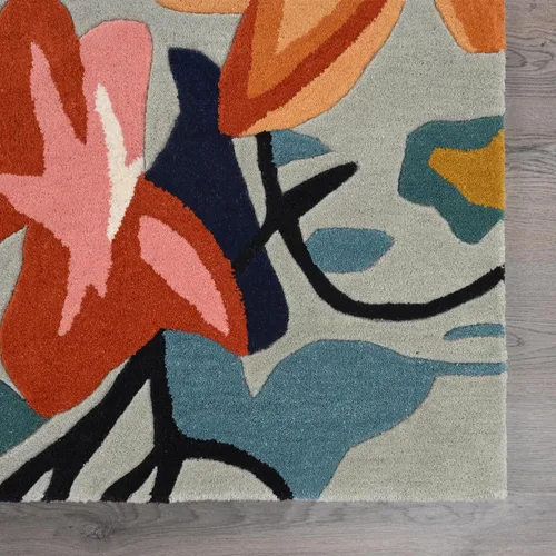 Vista 6 de Restoration and Renovation Alfombra de lana floral copetuda a mano Diseño moderno de flores coloridas, alfombra gruesa y suave para sala de estar