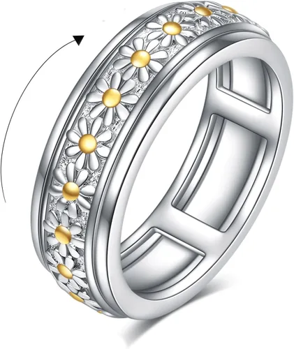 Vista 8 de POPLYKE Anillos giratorios de plata de ley para aliviar el estrés, joyería para regalar Girasol de abeja