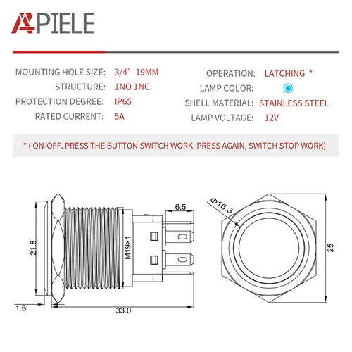 Vista 2 de APIELE Interruptor de botón de cierre de 0.748 in, 12 V - 24 V CC LED SPDT 1NO1NC, interruptor de botón de metal de acero inoxidable con coleta, 6