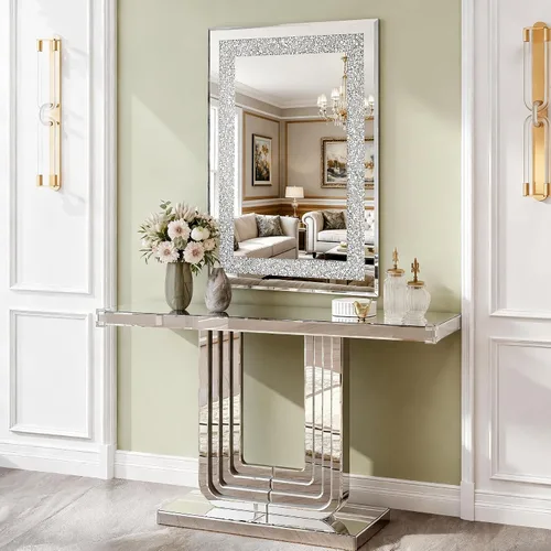 Vista 14 de Mesa consola con espejo de 55 pulgadas, mesa larga para sofá de sala de estar, oficina, detalles de cristal de diseño hexagonal, moderno escritorio