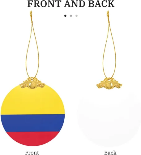 Vista 3 de Colgante redondo de adorno navideño de cristal con estampado de bandera de Colombia con detalles dorados y plateados para colgar la decoración