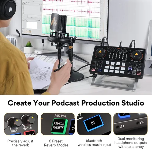 Vista 15 de MAONO Kit de Equipo de Podcast Interfaz de Audio de 10 Canales y Micrófono Dinámico XLR MaonoCaster con Preamplificador Profesional, 48V, Bluetooth