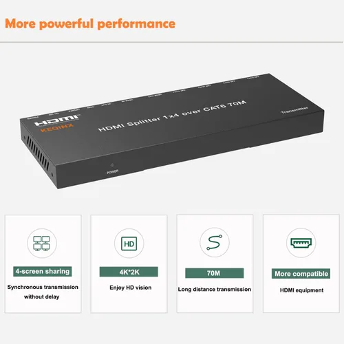 Vista 6 de Divisor extensor HDMI 1x4 4K sobre Cat6 70m/230ft POC con 4 receptores IR Control EDID HDMI sobre Ethernet Splitter